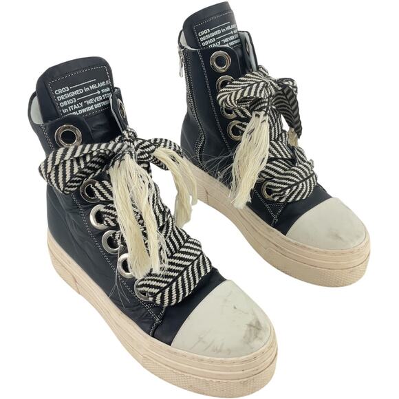 Cristianzerotre Black Leather Hi-Top Sneakers Striped Laces Womens 10.5 Preowned - Picture 1 of 8